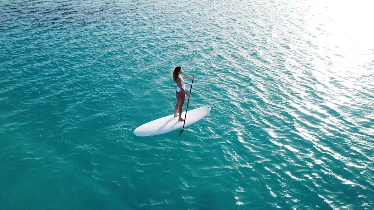  Aerial view. Young Woman on Paddle Board. SUP